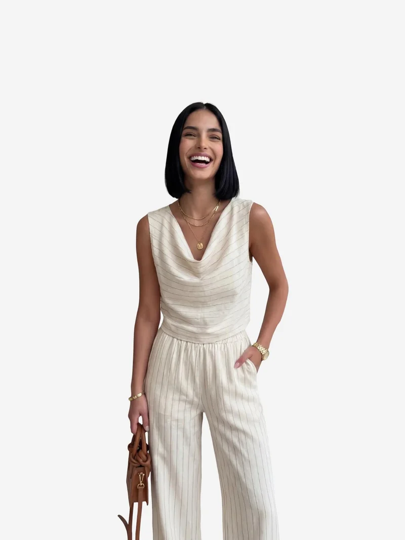 MY FASHION Natural MY FASHION High Waist Striped Cowl Neck Two-Piece Set for Women | Best Price UAE
